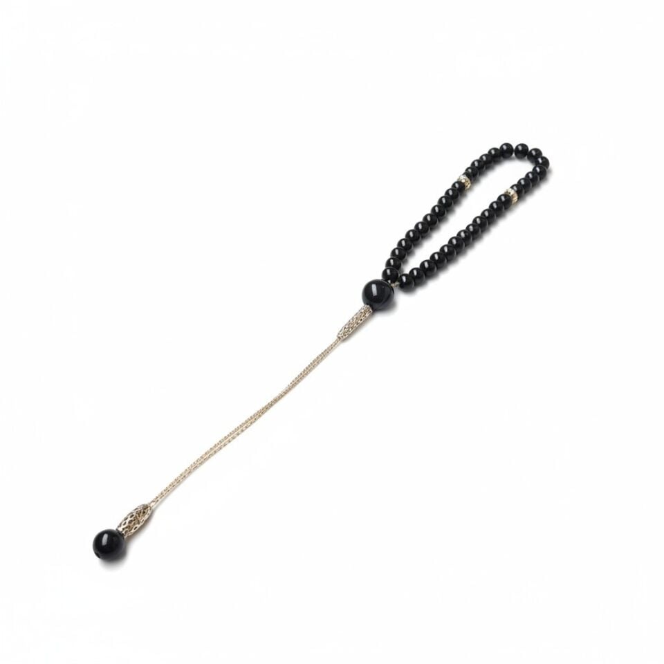 Bileklik Tespih Premium Serisi (Parlak Oniks) 6mm Altın Sarı Zincir