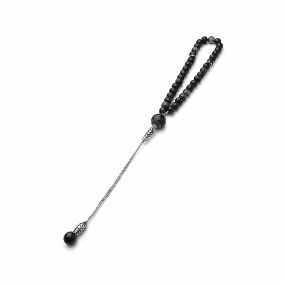 Bileklik Tespih Premium Serisi (Siyah Akik) 6mm Gri Zincir
