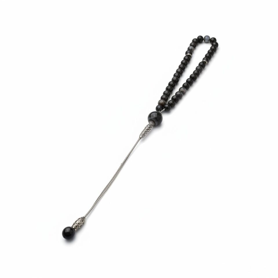 Bileklik Tespih Premium Serisi (Siyah Akik) 6mm Gri Zincir