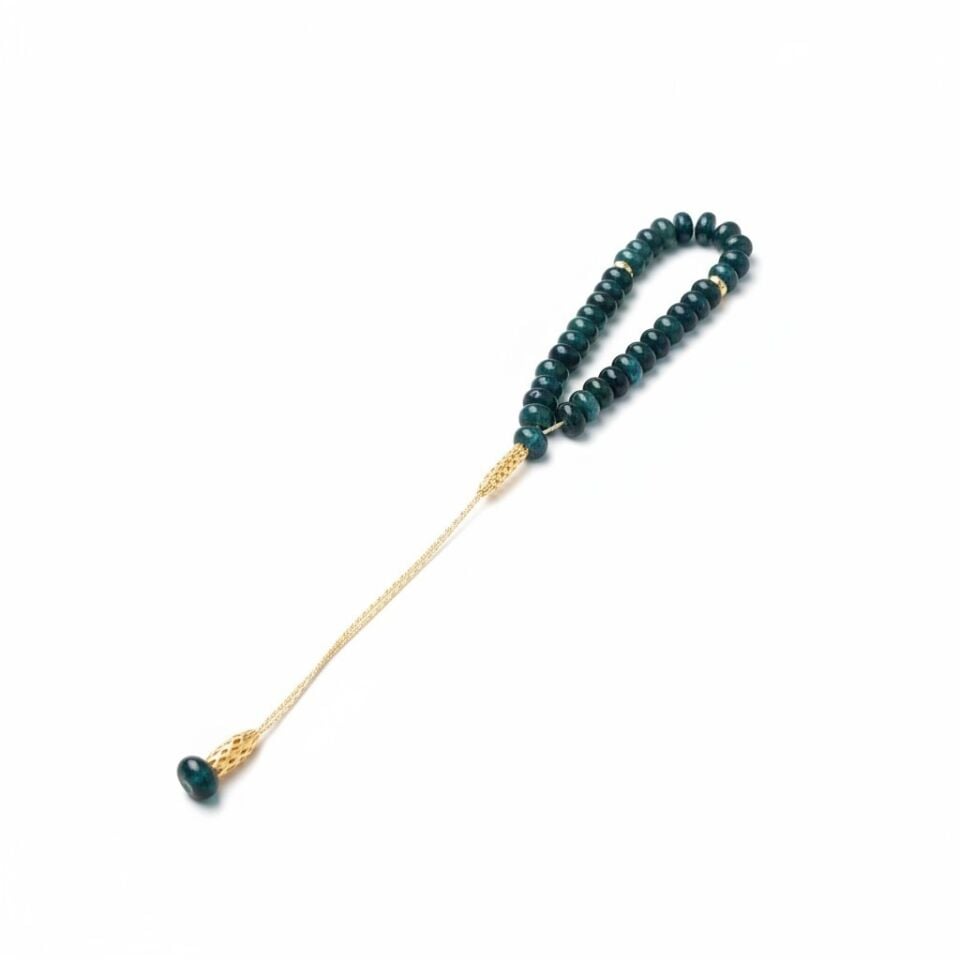 Bileklik Tespih Premium Serisi (Yeşil Ceyt) 8*5 mm Altın Sarı Zincir