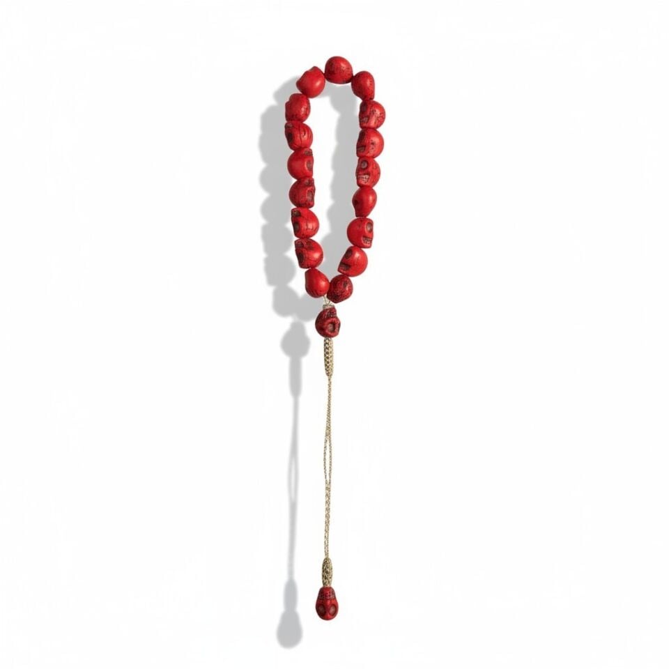 Bileklik Tespih Maskot Premium Serisi (Kırmızı Kurukafatası) 12 mm Altın Zincir