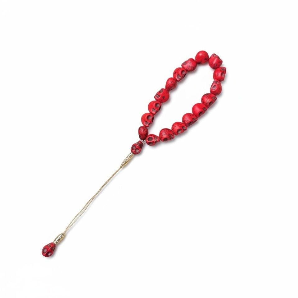 Bileklik Tespih Maskot Premium Serisi (Kırmızı Kurukafatası) 12 mm Altın Zincir