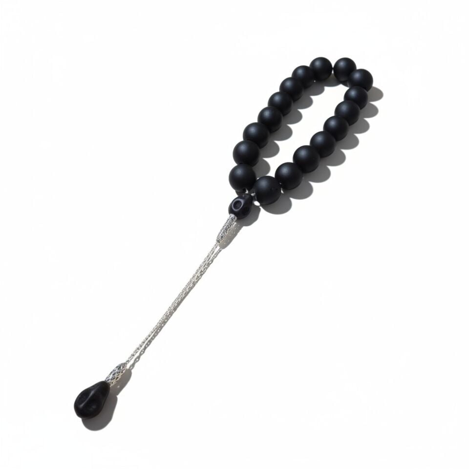Bileklik Maskot Tespih Premium Serisi (Mat Siyah Oniks) 14 mm Kafatası İmame Gri Zincir