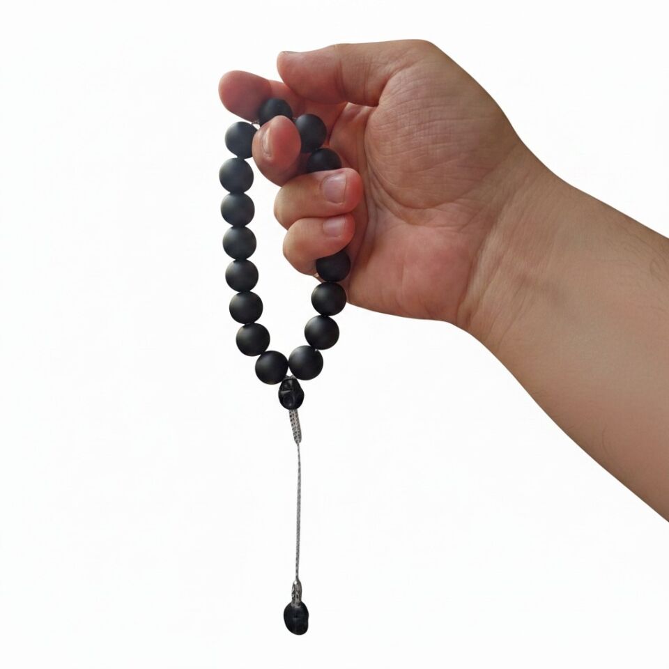Bileklik Maskot Tespih Premium Serisi (Mat Siyah Oniks) 14 mm Kafatası İmame Gri Zincir