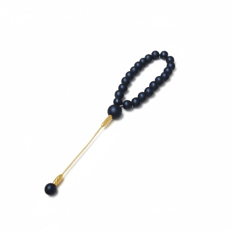 Mini Maskot Bileklik Tespih Premium Serisi (Mat Siyah Oniks) 10 mm Altın Sarı Zincir